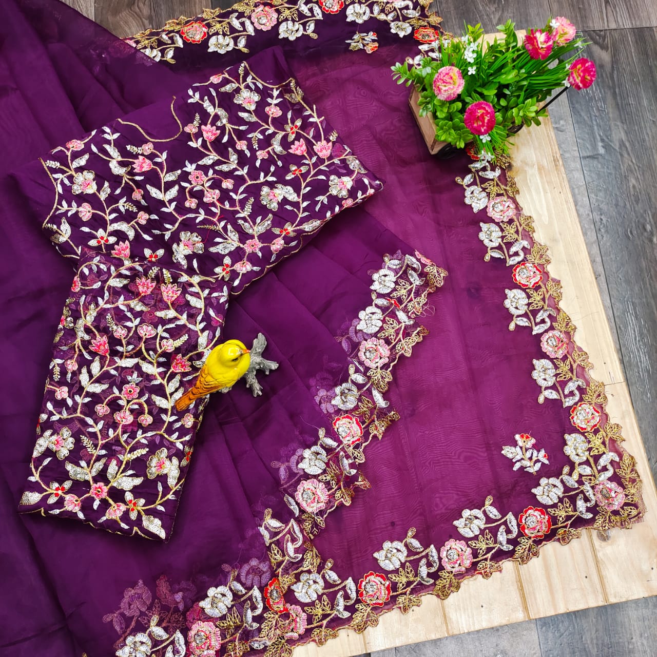 Designer Purple Work Organza Saree