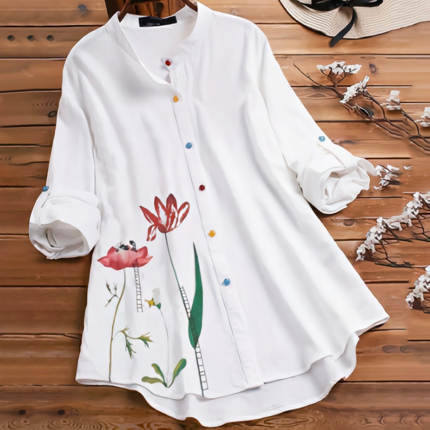 Comfy Red Flower Printed Women Tunic Shirt