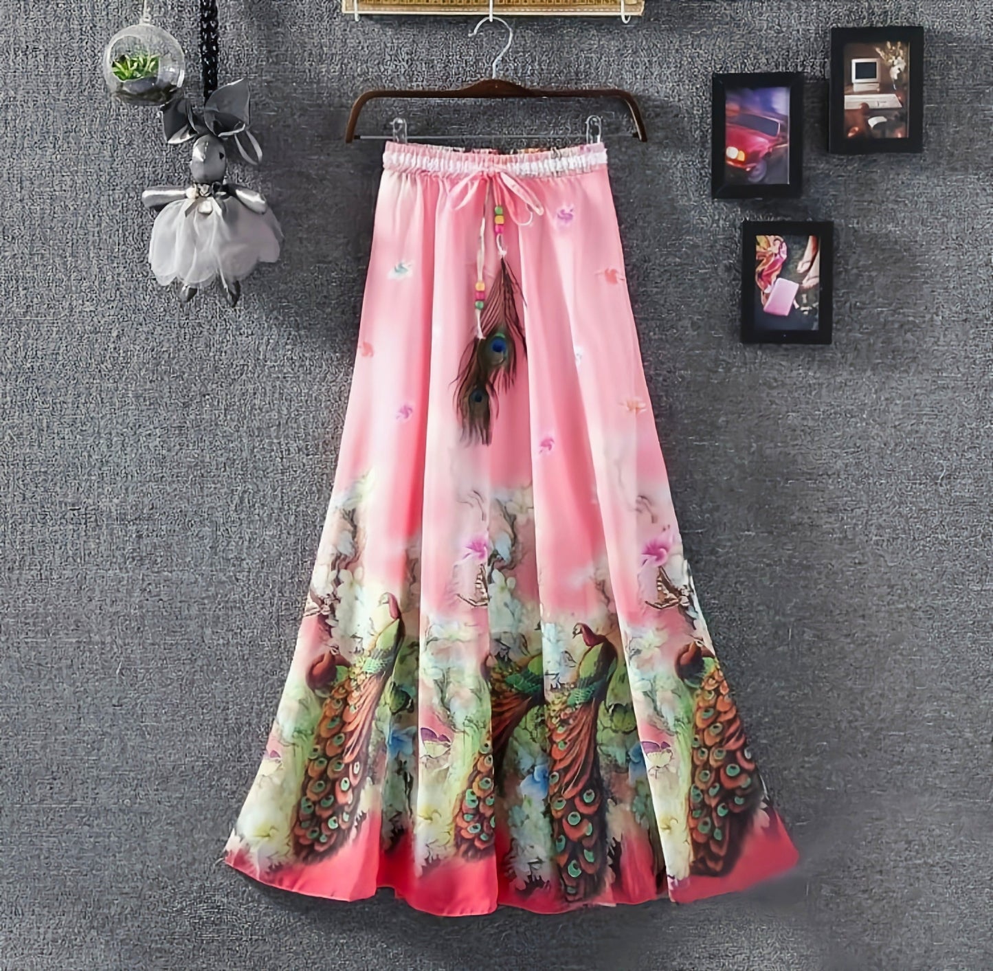 Peacock Design With Light Pink Color Long Skirt