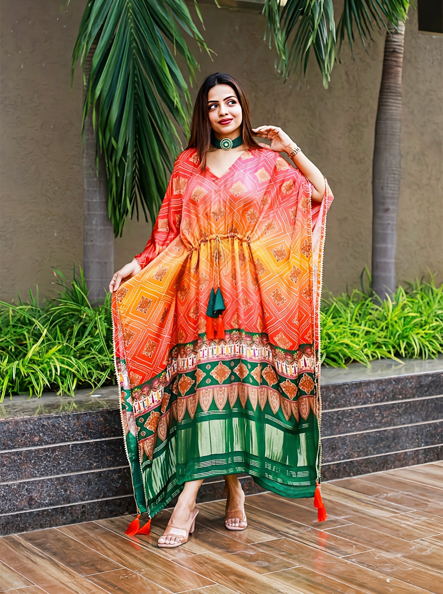 Orange And Green Bandhej Kaftan
