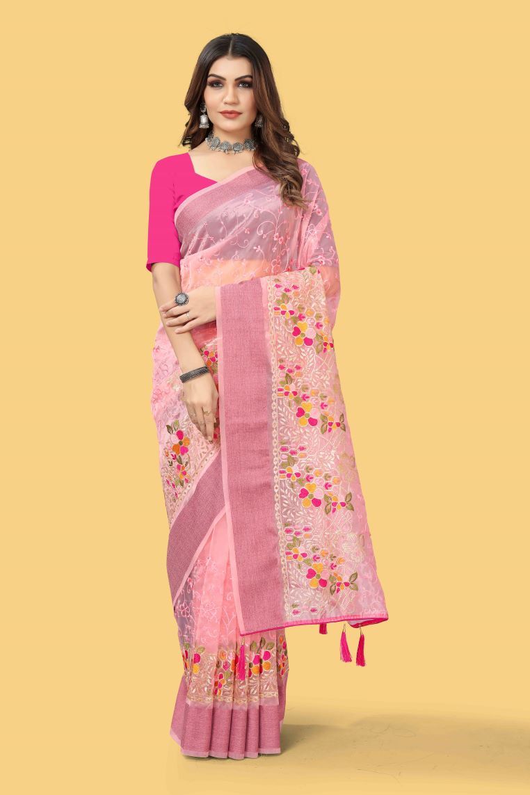 Beautiful Party-Wear Pink Organza Silk Saree