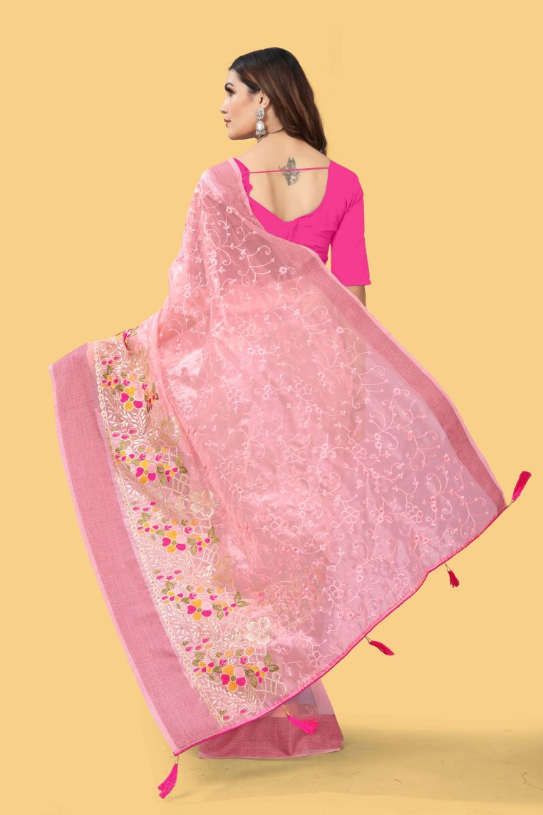 Beautiful Party-Wear Pink Organza Silk Saree