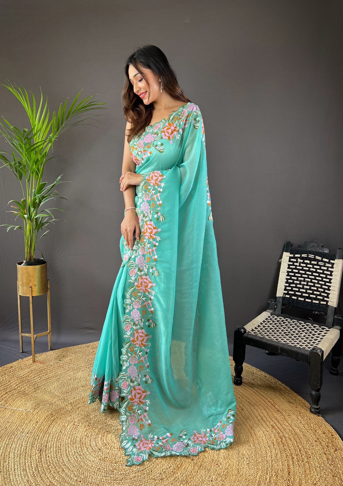 Beautiful Fancy Soft Glossy Silk Bright Sky Blue Colour Saree