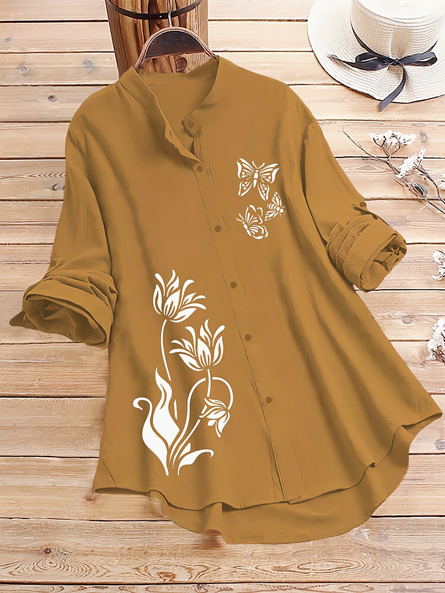 Mustard Yellow Tunic Shirt with Butterfly & Floral Print