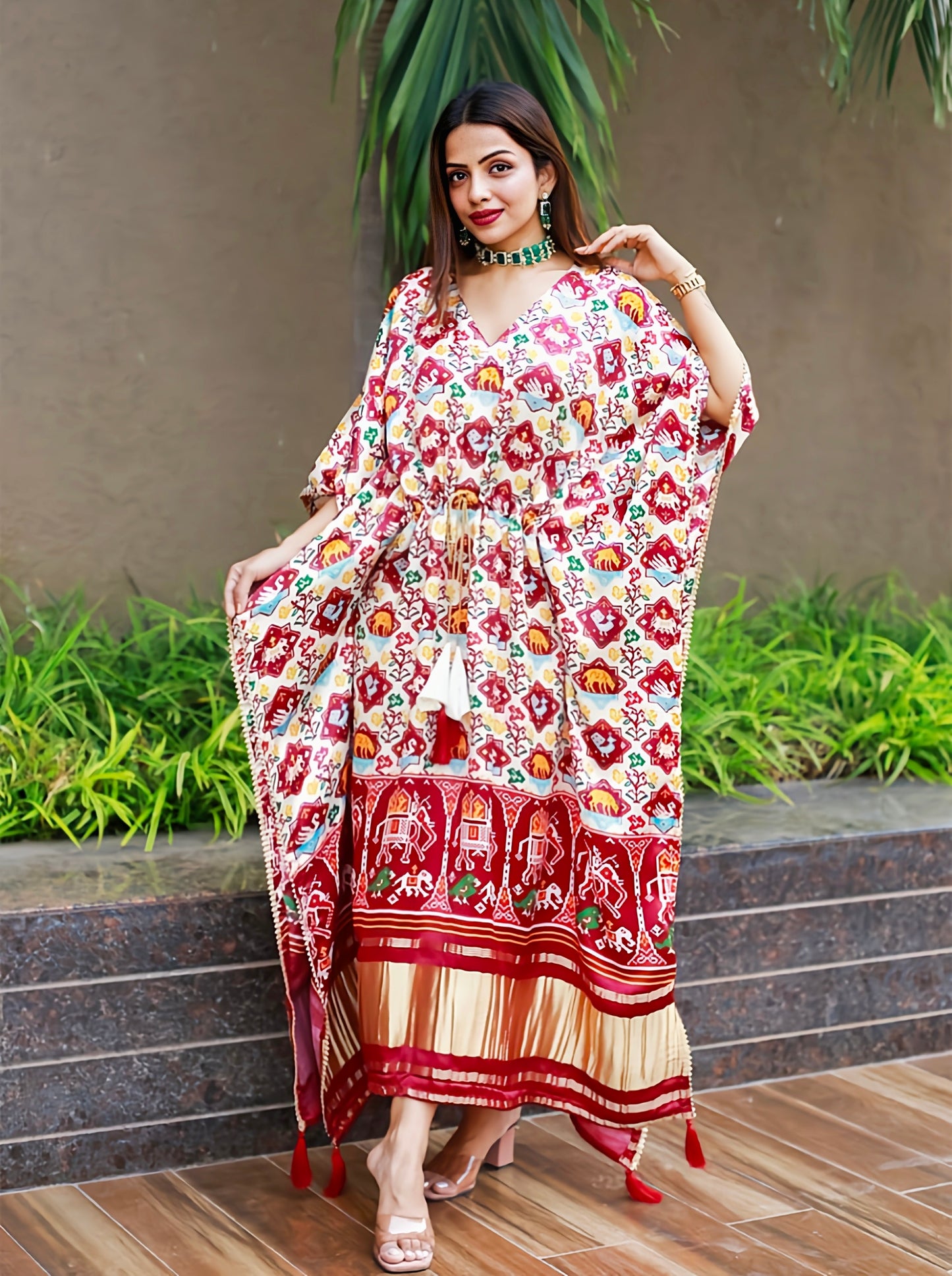 White Color Bandhej Digital Kaftan