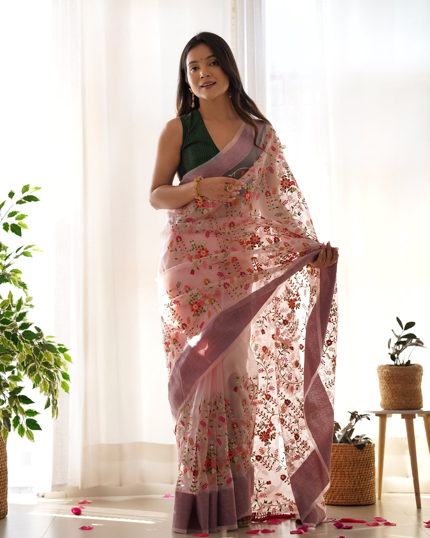 Party-Wear Light Pink Colour With Green Blouse Organza Silk Saree