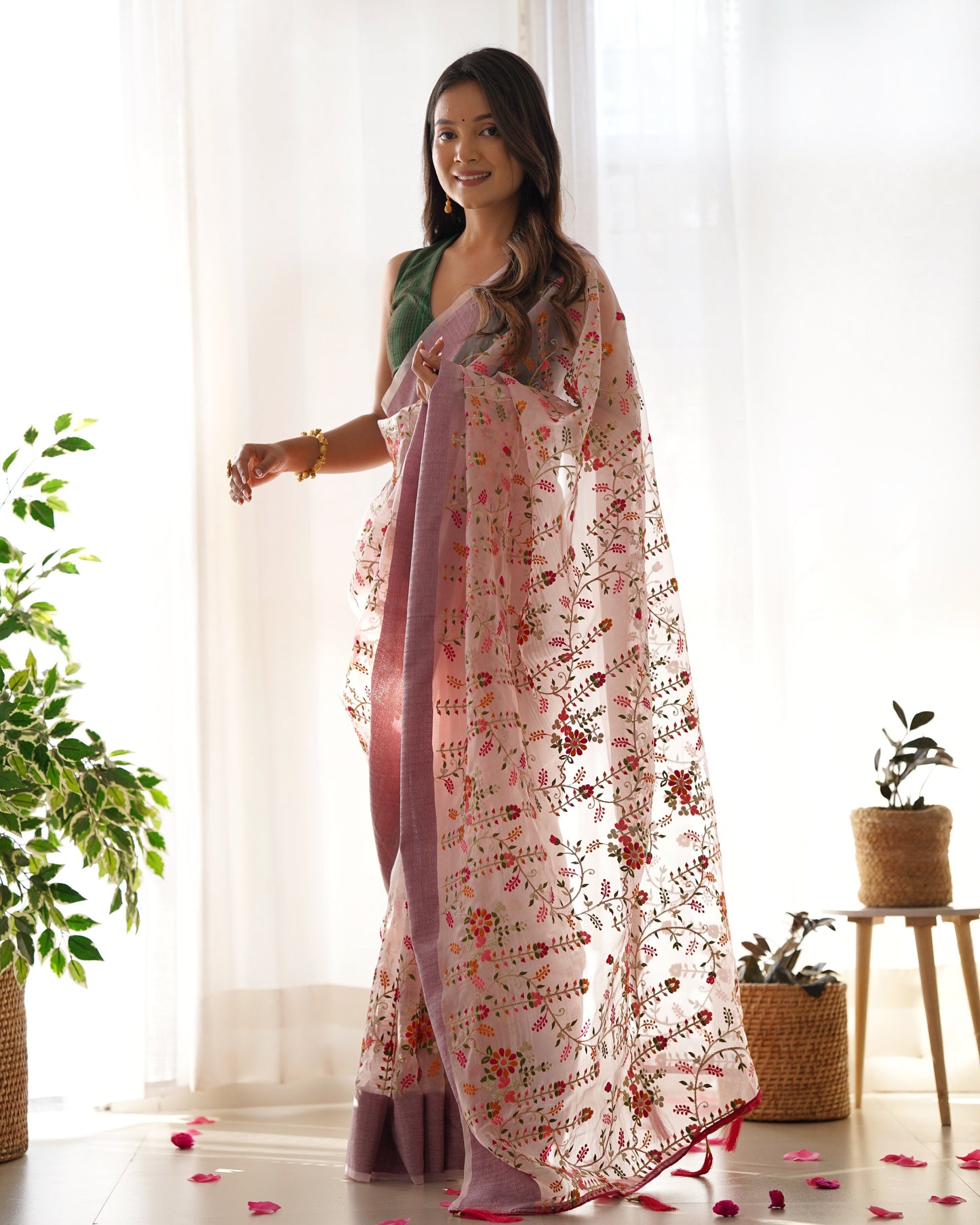 Party-Wear Light Pink Colour With Green Blouse Organza Silk Saree