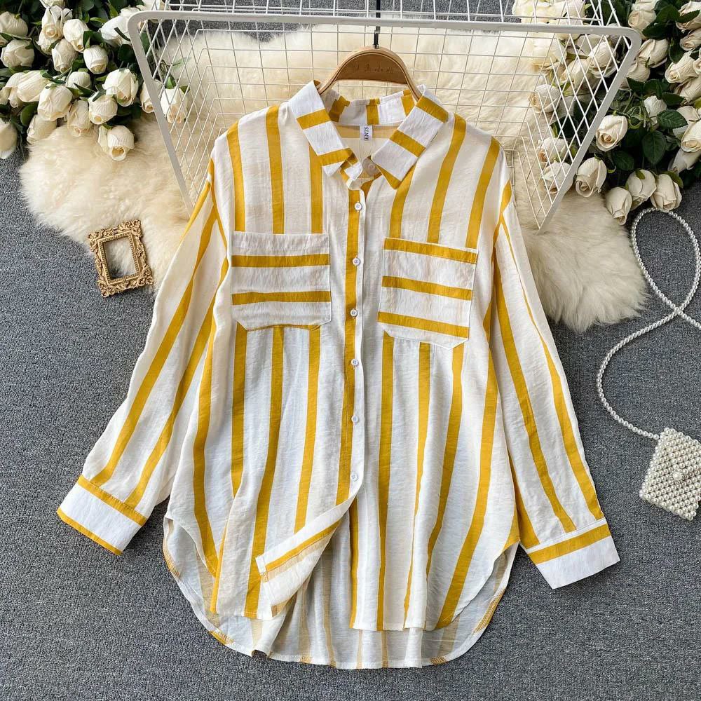 Yellow Line Double Pocket Women Shirt