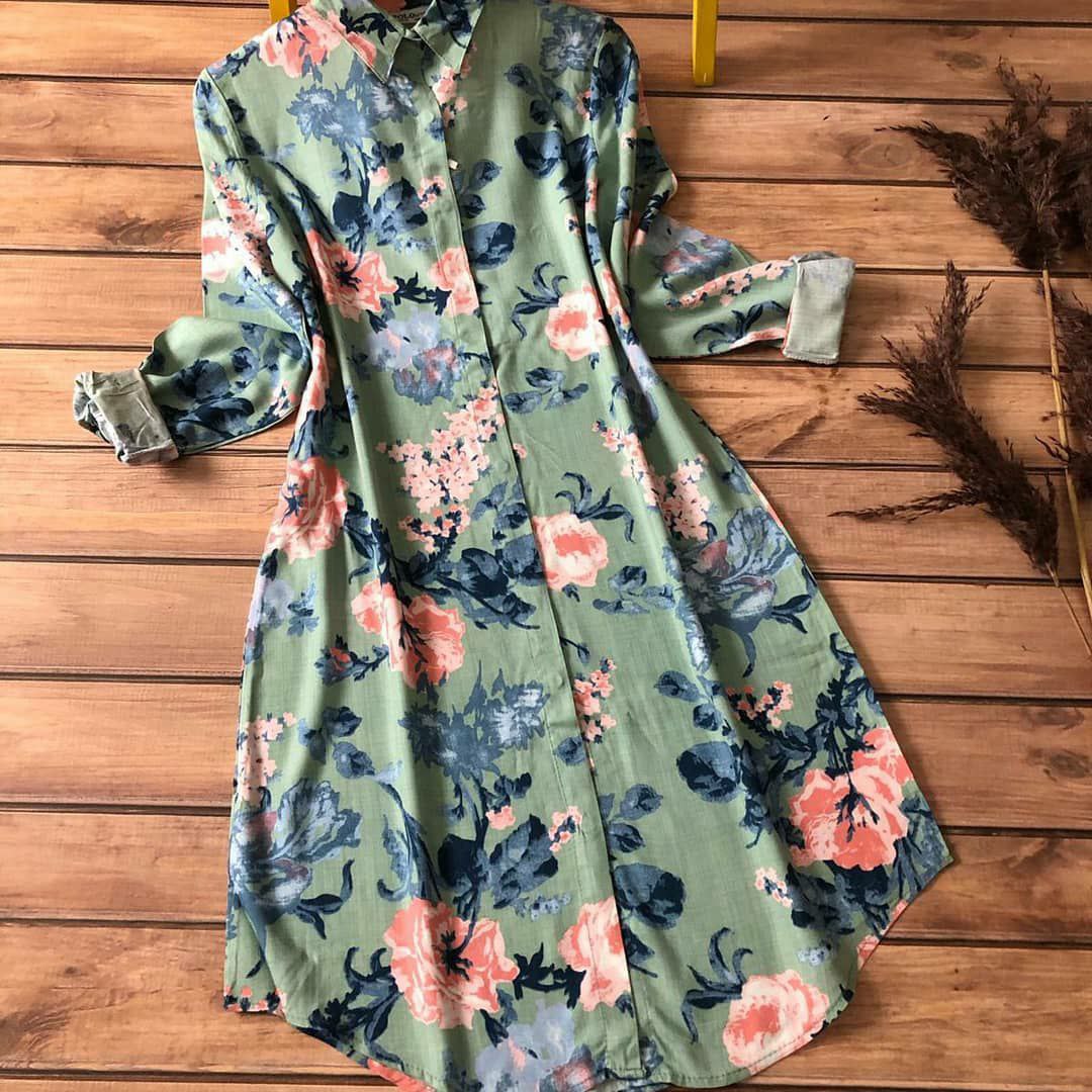 Exclusive Pistachio Peach Flower Round Kurti
