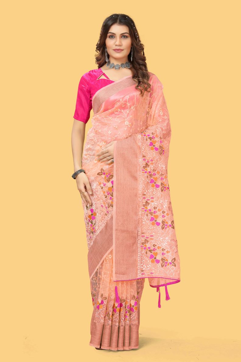 Beautiful Party-Wear Peach Organza Silk Saree
