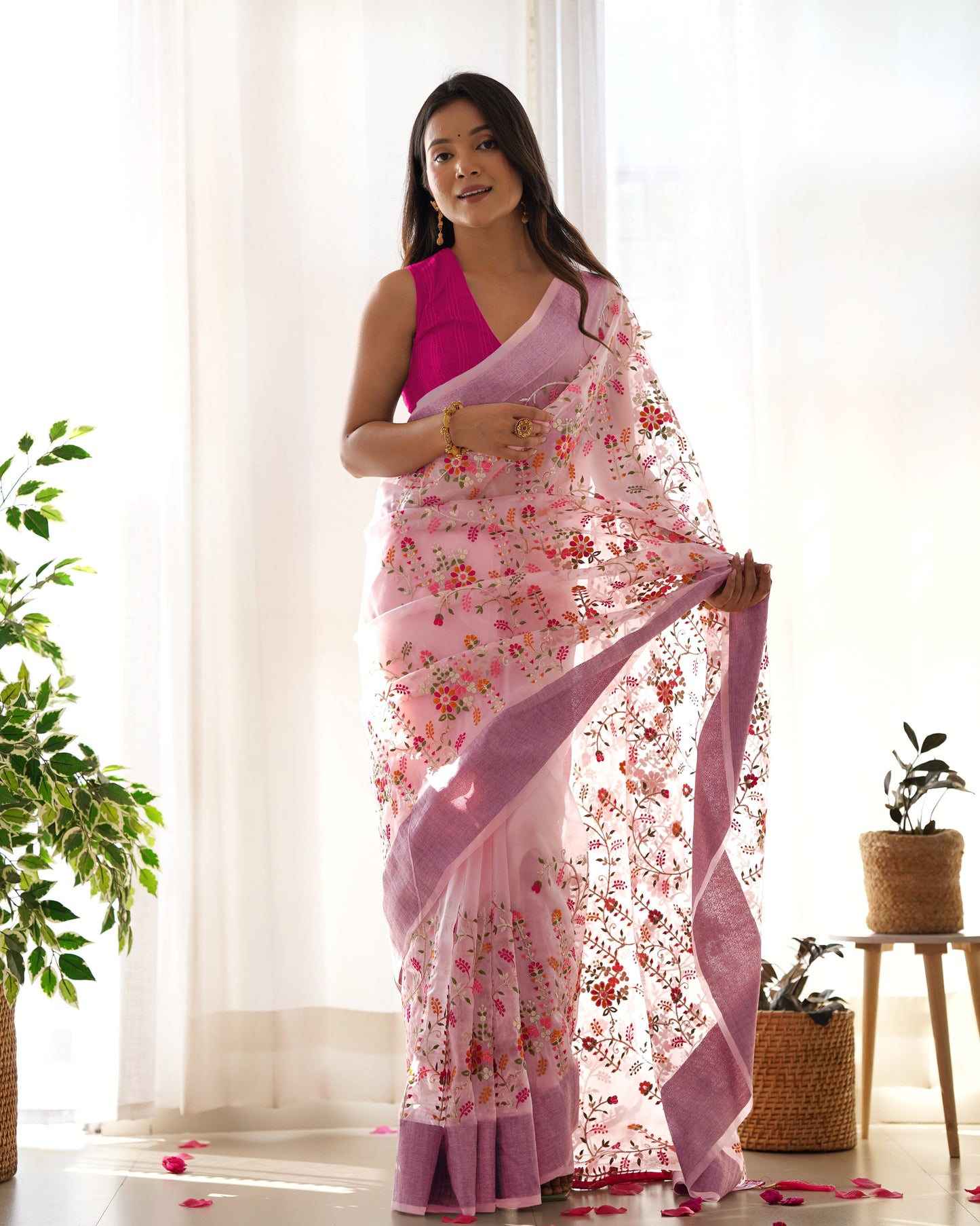 Party Wear Light Pink Colour Organza Silk Saree