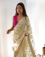 Party Wear Cream Colour Organza Silk Saree