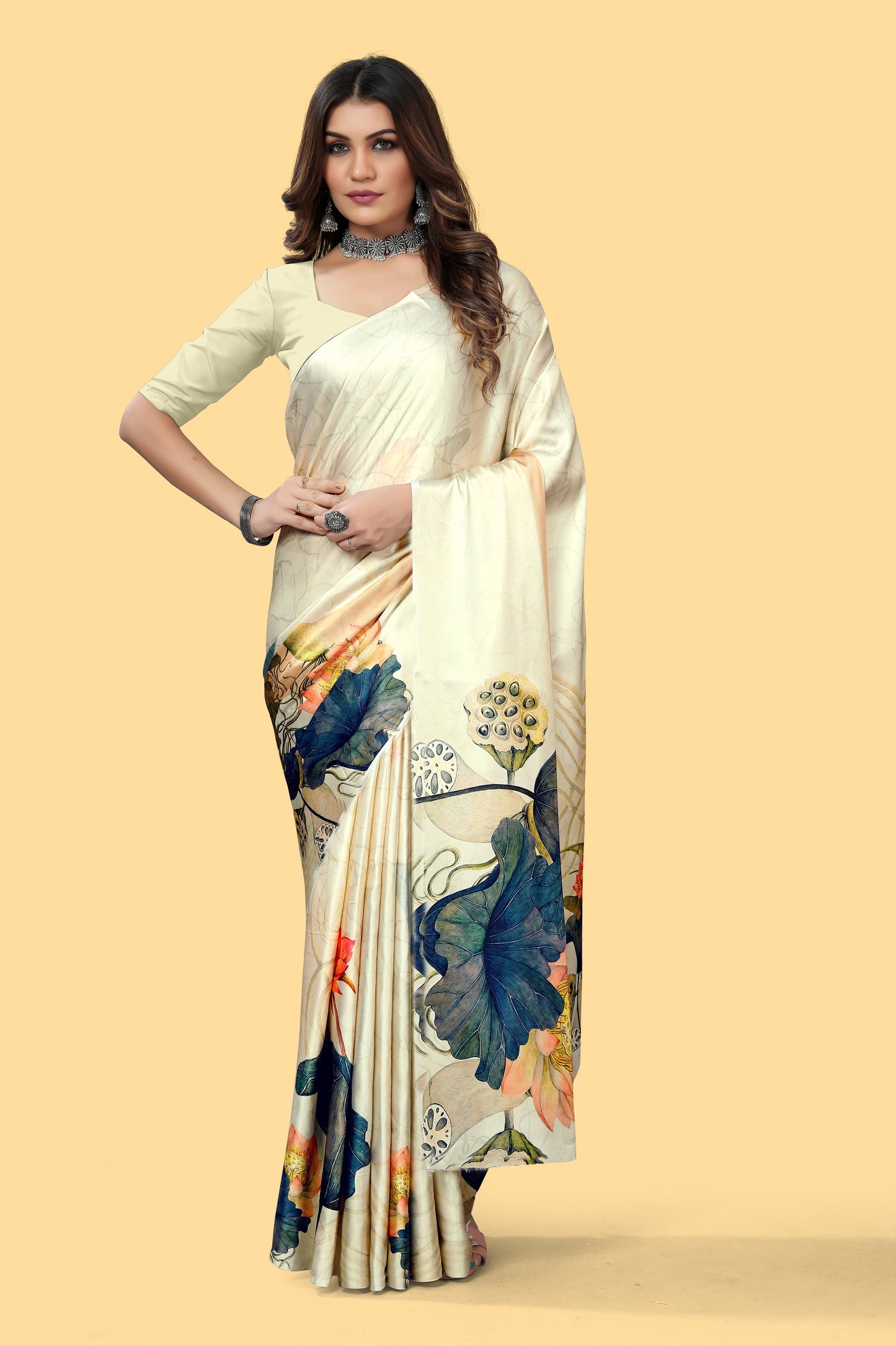 Pretty White Digital Printed Satin Saree