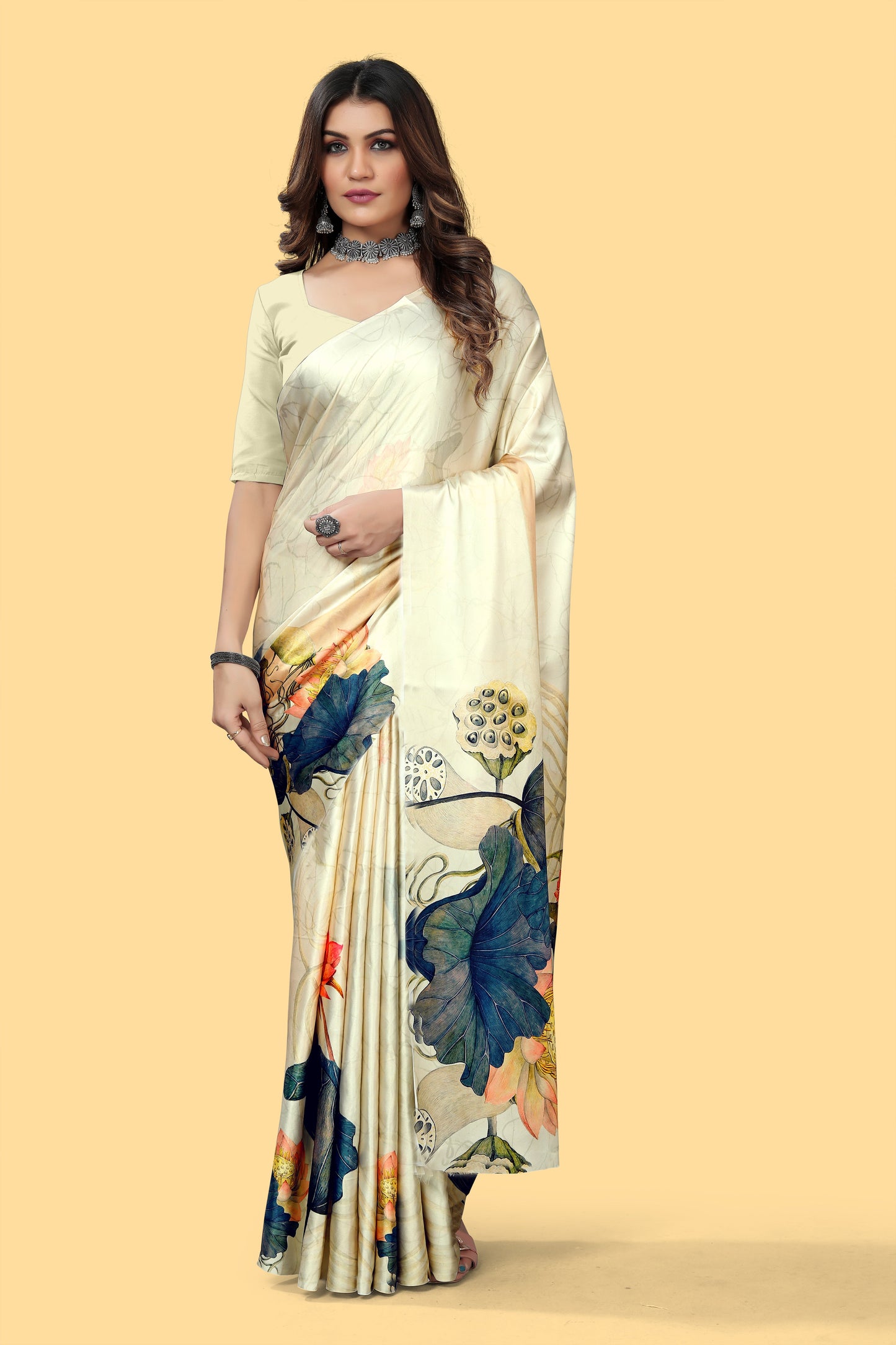 Pretty White Digital Printed Satin Saree