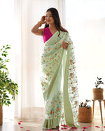 Party Wear Pista Colour Organza Silk Saree