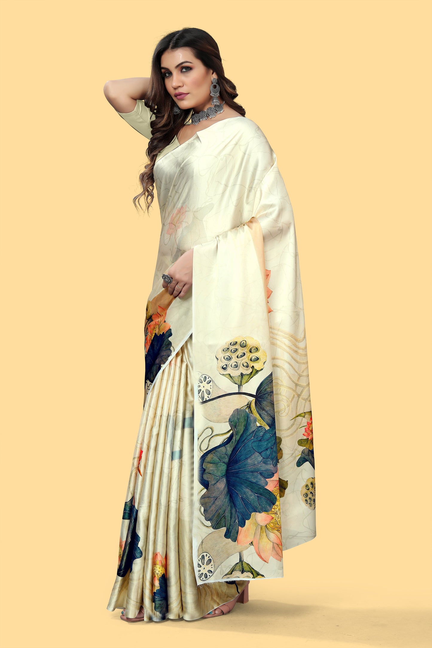 Pretty White Digital Printed Satin Saree