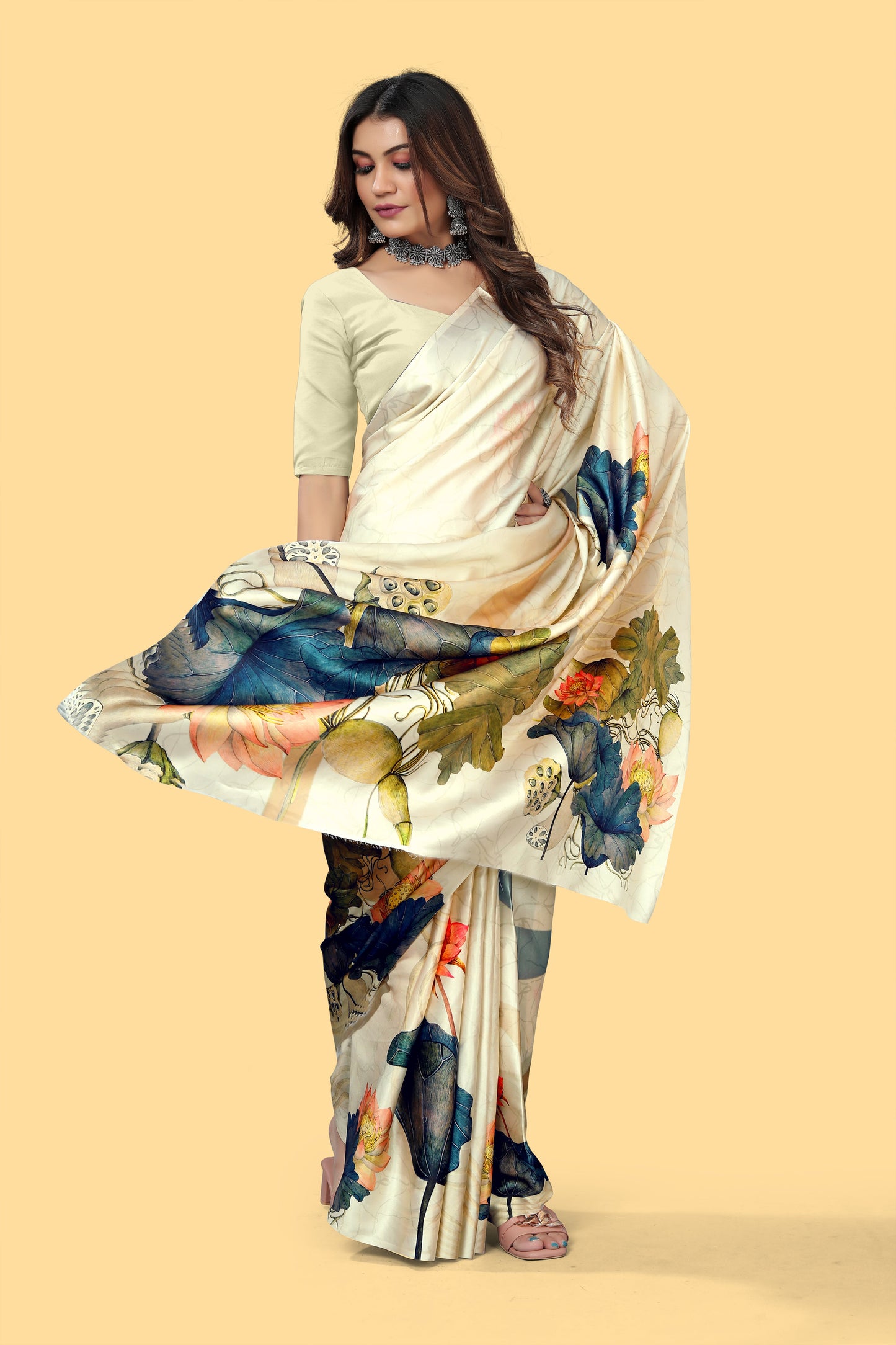 Pretty White Digital Printed Satin Saree