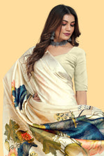 Pretty White Digital Printed Satin Saree