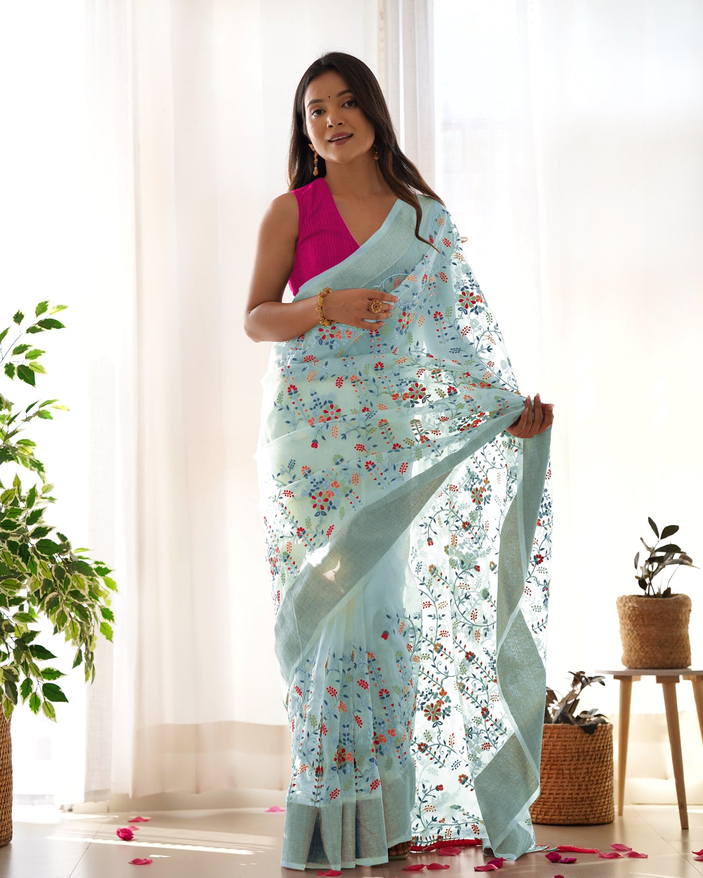 Party Wear Light Blue Colour Organza Silk Saree