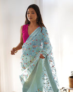 Party Wear Light Blue Colour Organza Silk Saree