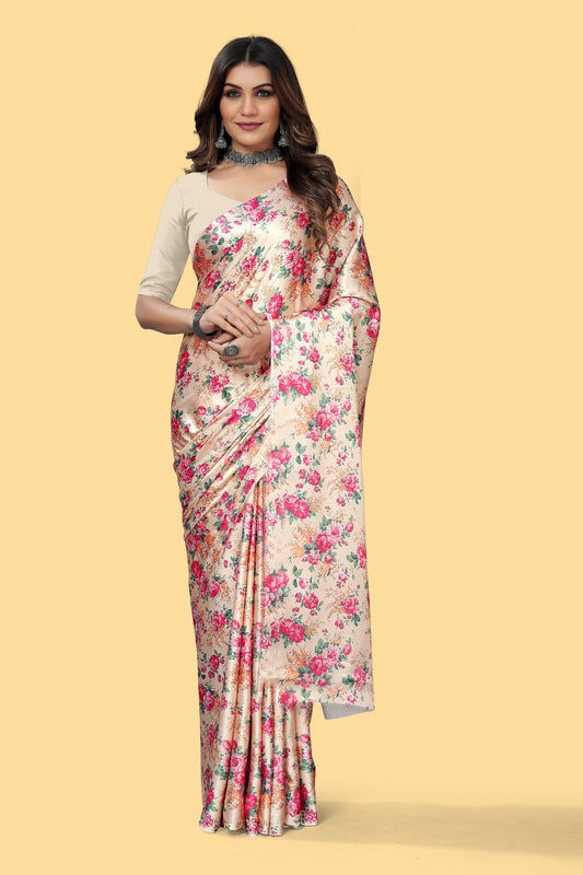 Floral Pink Digital Printed Satin Saree