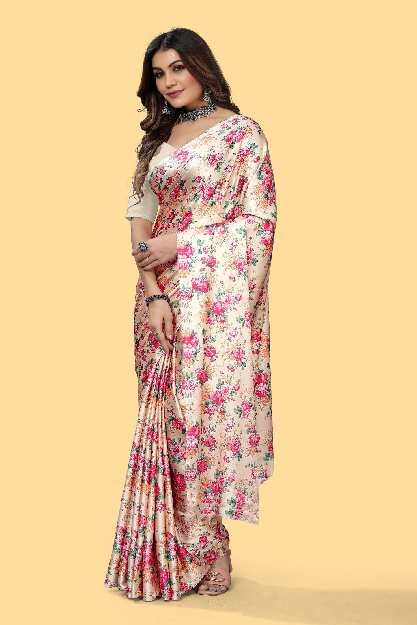 Floral Pink Digital Printed Satin Saree