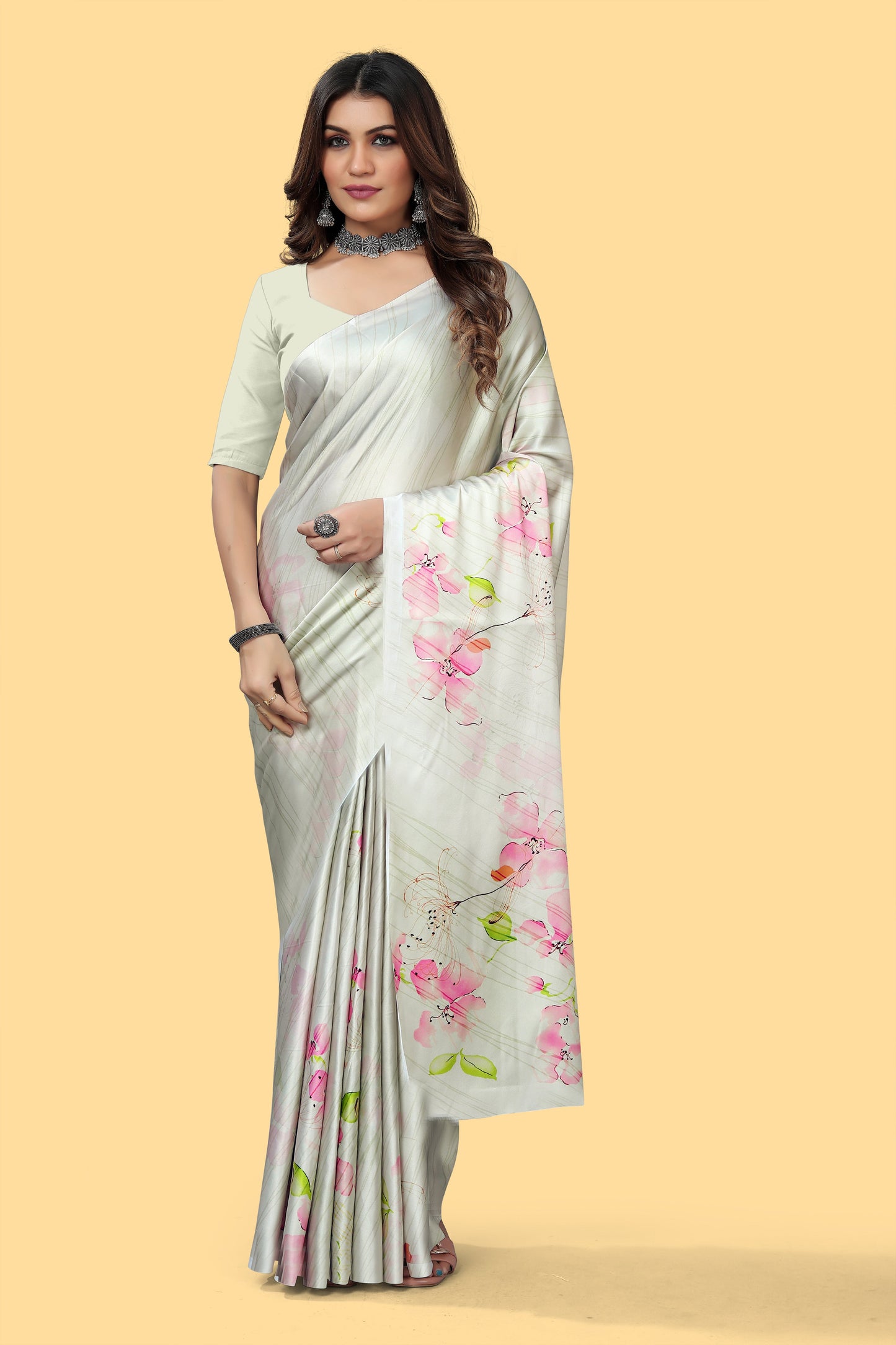 Cream Digital Printed Japan Satin Saree