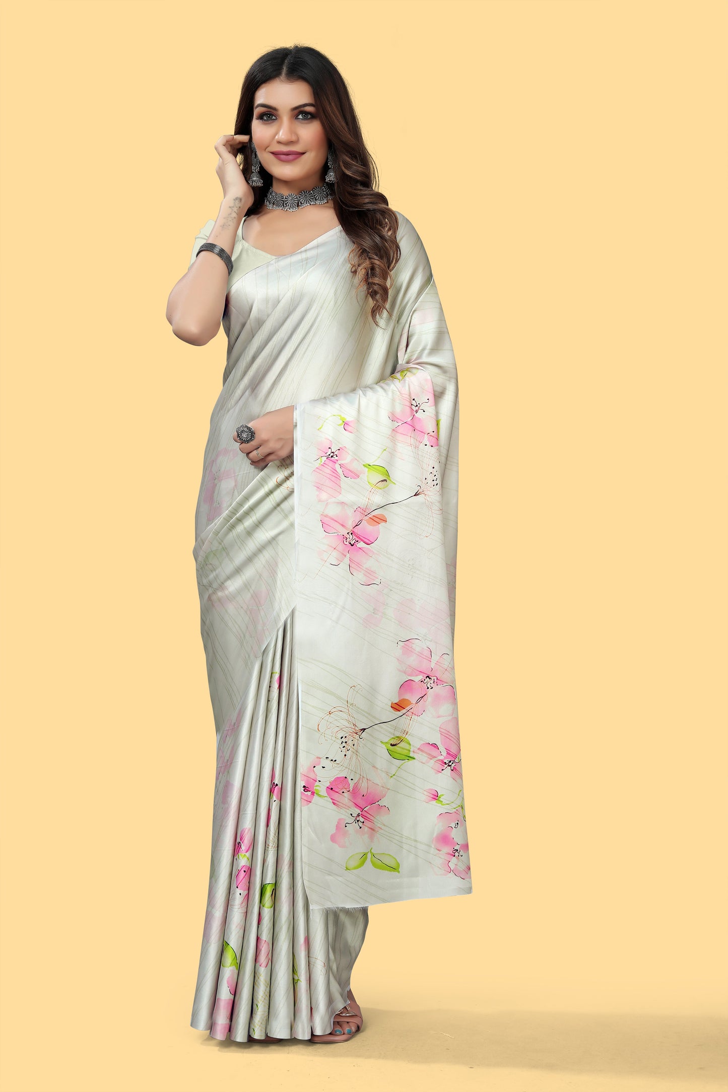 Cream Digital Printed Japan Satin Saree