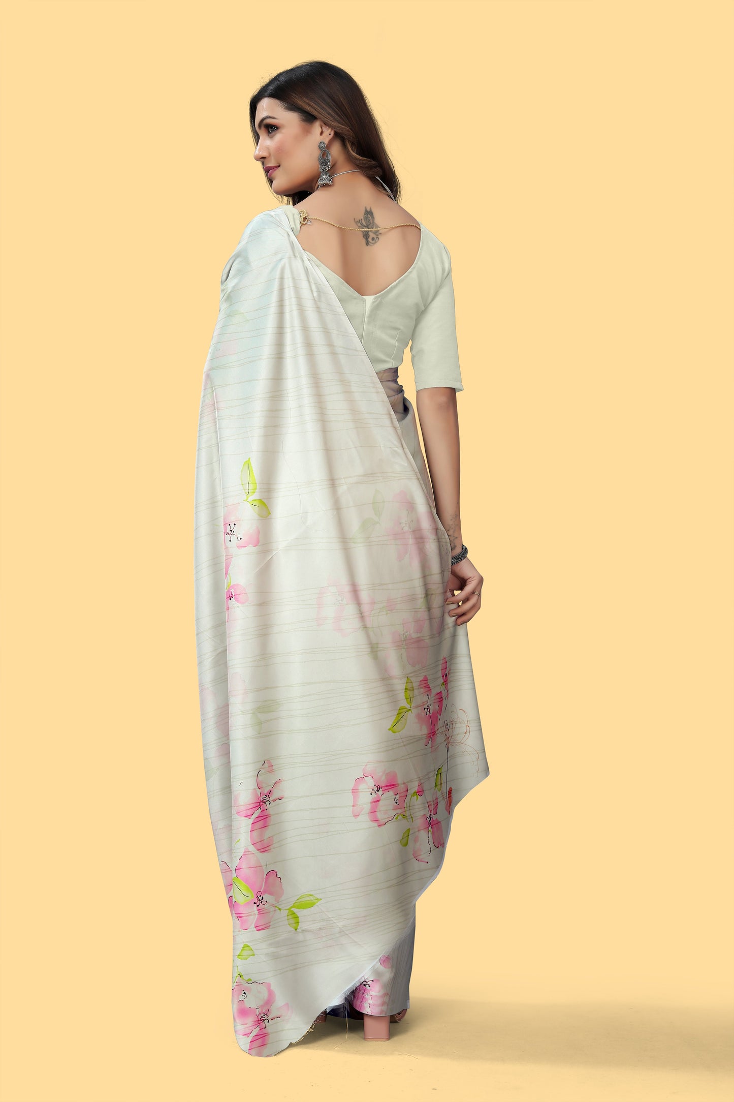 Cream Digital Printed Japan Satin Saree