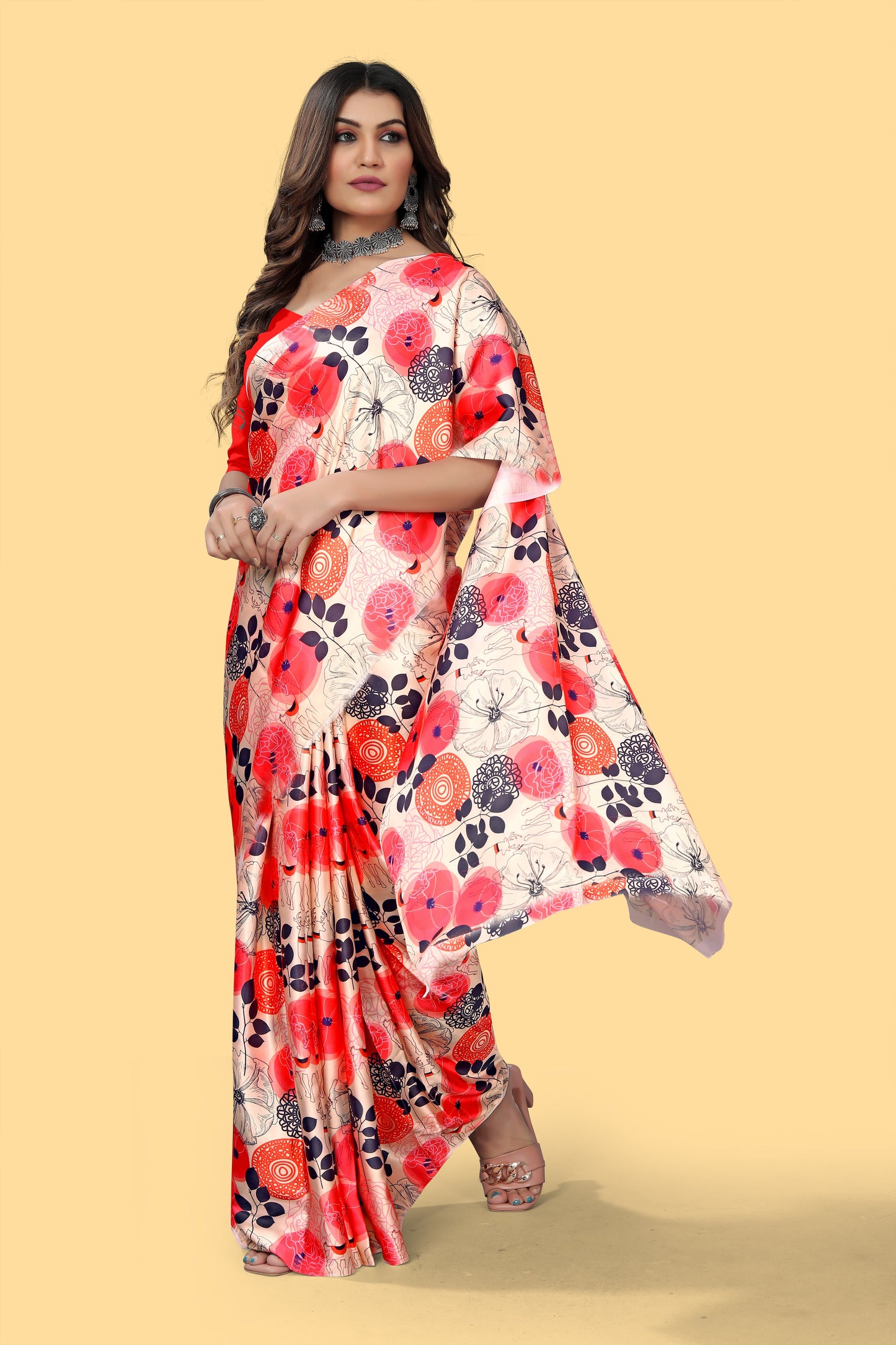 Rose Pink Color Digital Printed Satin Saree