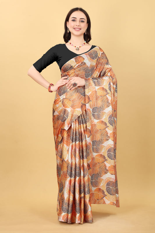 Leaf Orange And Black Printed Satin Silk Saree