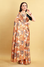 Leaf Orange And Black Printed Satin Silk Saree