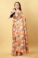 Leaf Orange And Black Printed Satin Silk Saree