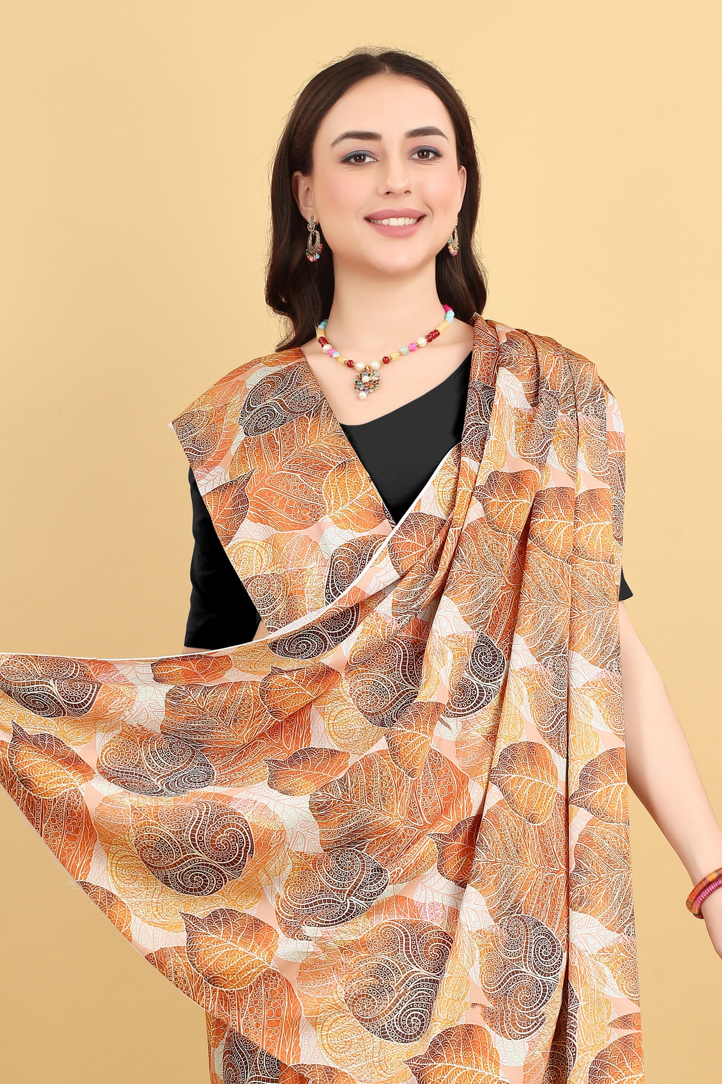 Leaf Orange And Black Printed Satin Silk Saree