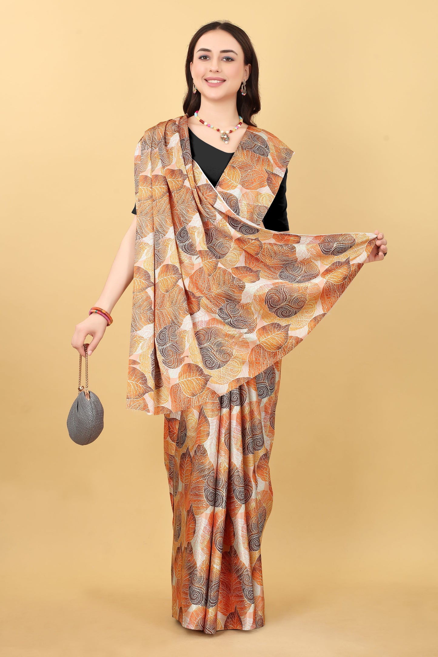 Leaf Orange And Black Printed Satin Silk Saree