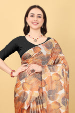 Leaf Orange And Black Printed Satin Silk Saree