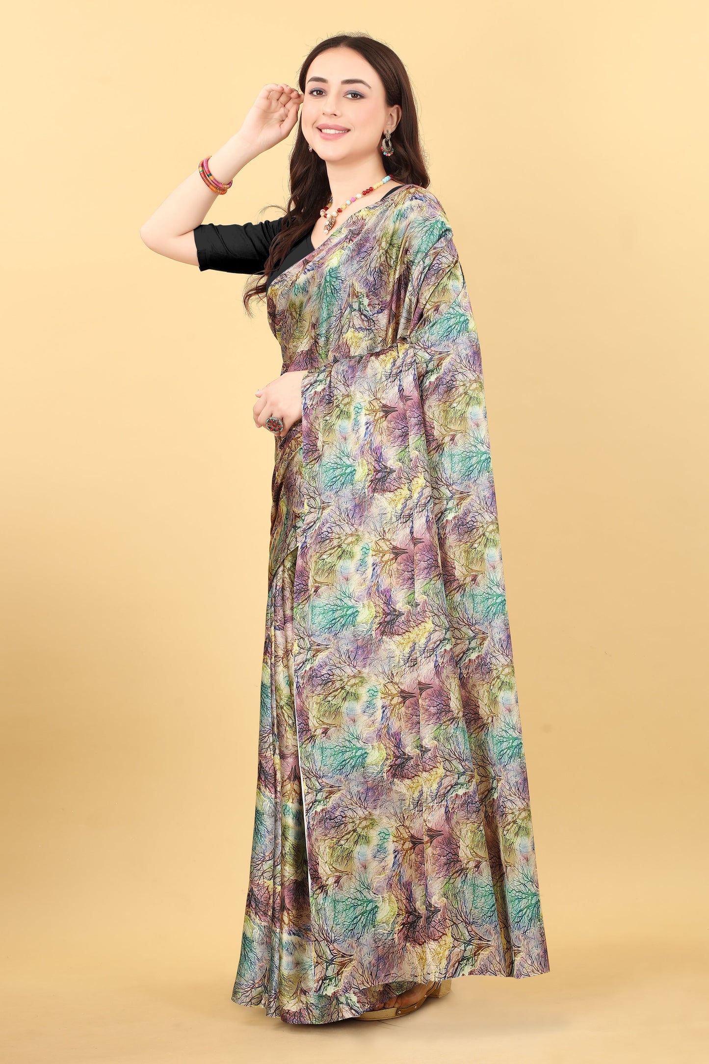 Purple Banarasi Printed Satin Silk Saree