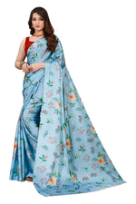 Blue Floral Printed Satin Saree