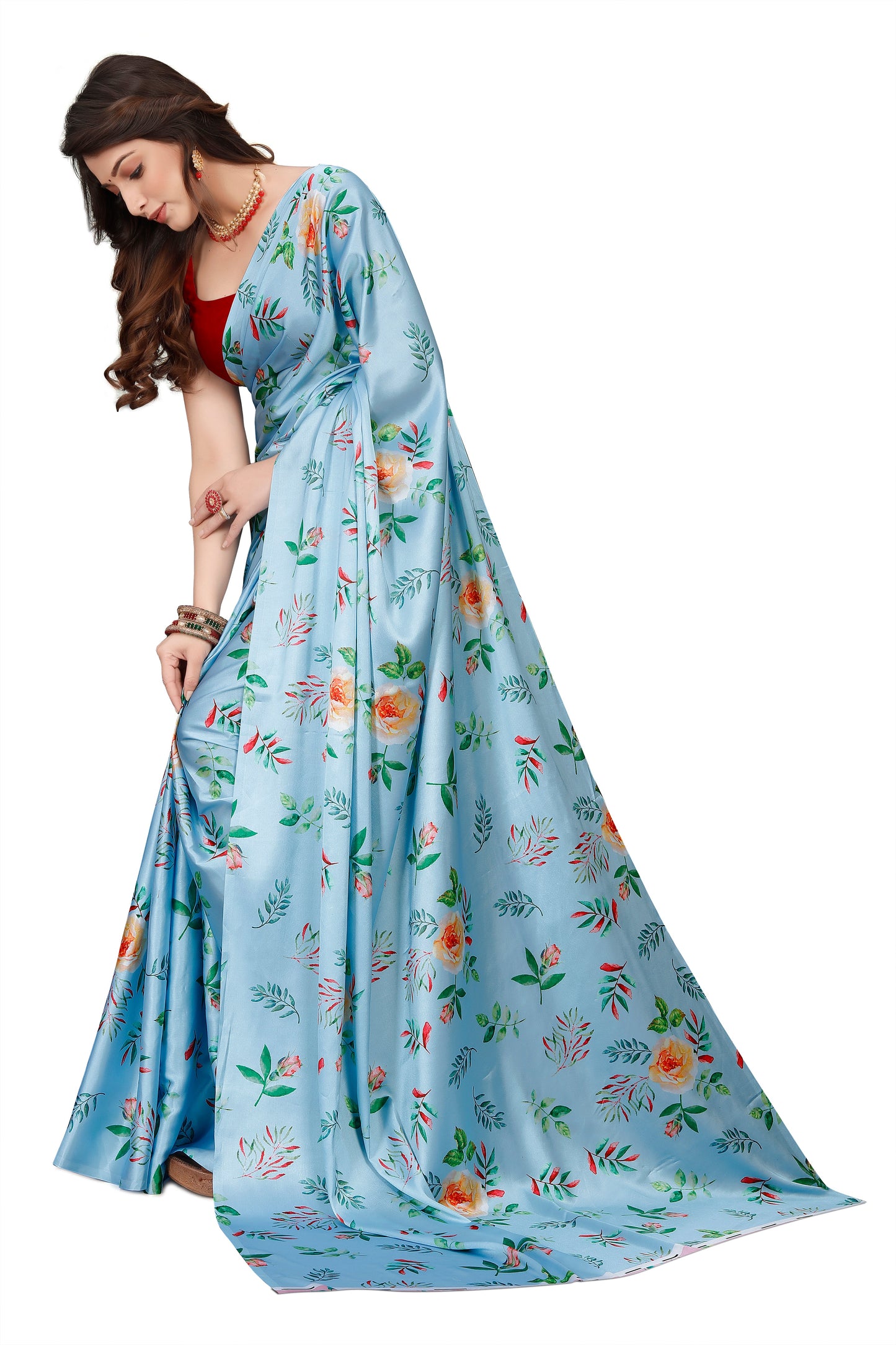 Blue Floral Printed Satin Saree