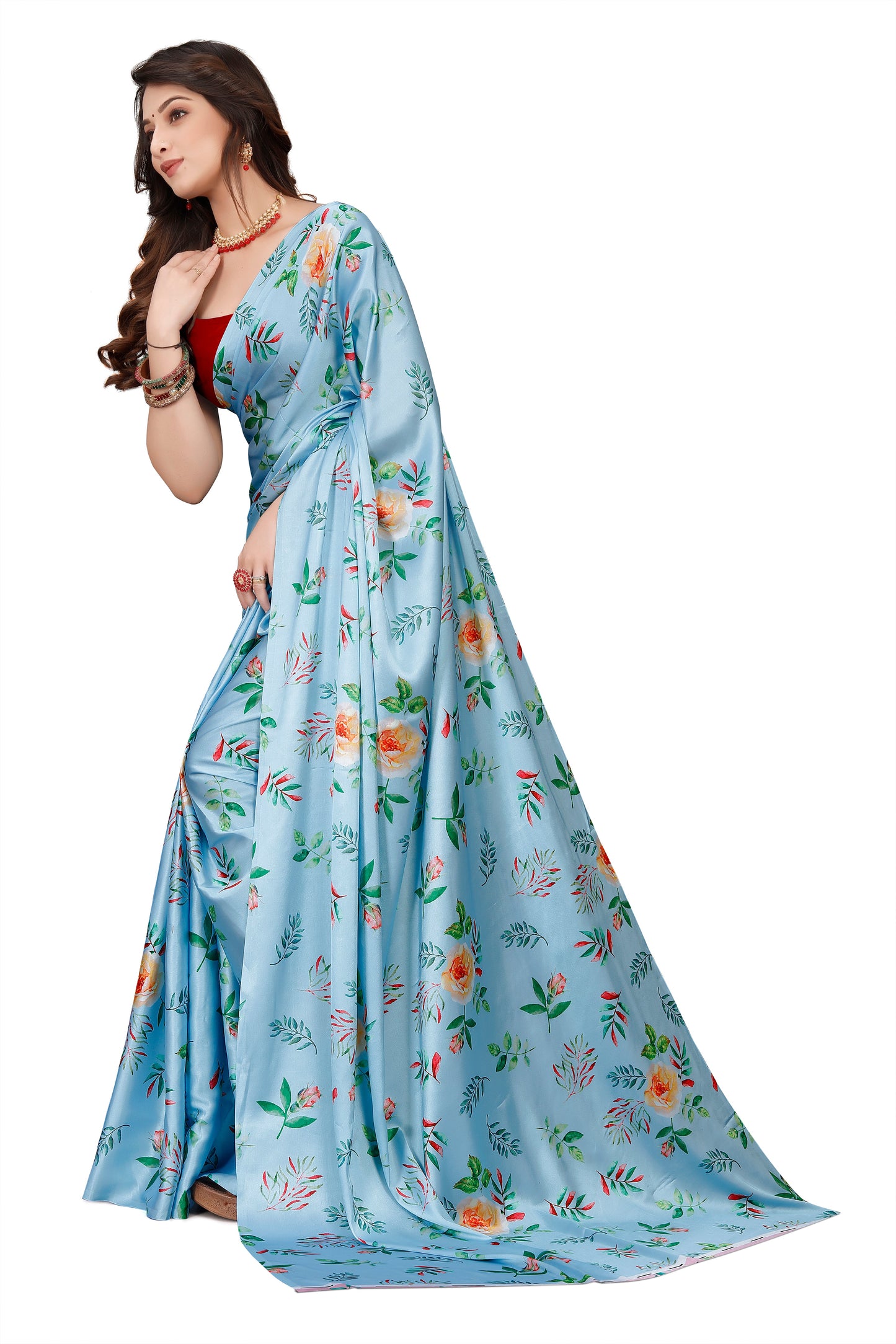 Blue Floral Printed Satin Saree