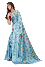 Blue Floral Printed Satin Saree