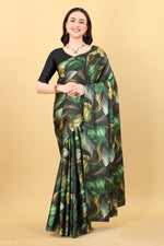 Digital Floral Black And Green Printed Satin Silk Saree