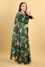 Digital Floral Black And Green Printed Satin Silk Saree