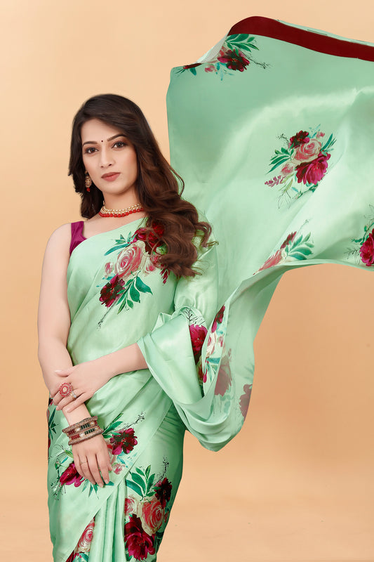 Fancy Pista Color Niva Flower  Printed Satin Silk Saree