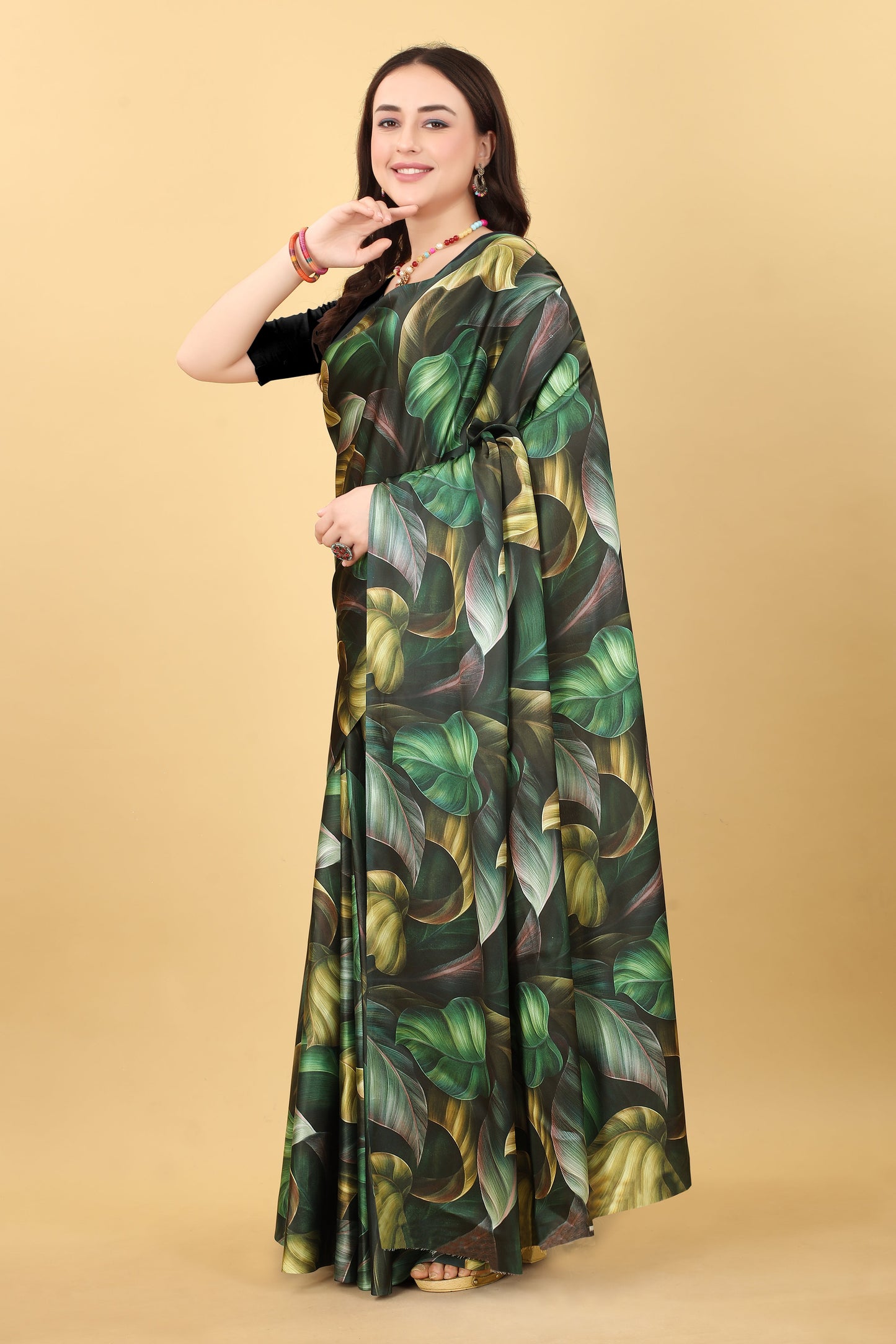 Digital Floral Black And Green Printed Satin Silk Saree