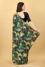 Digital Floral Black And Green Printed Satin Silk Saree