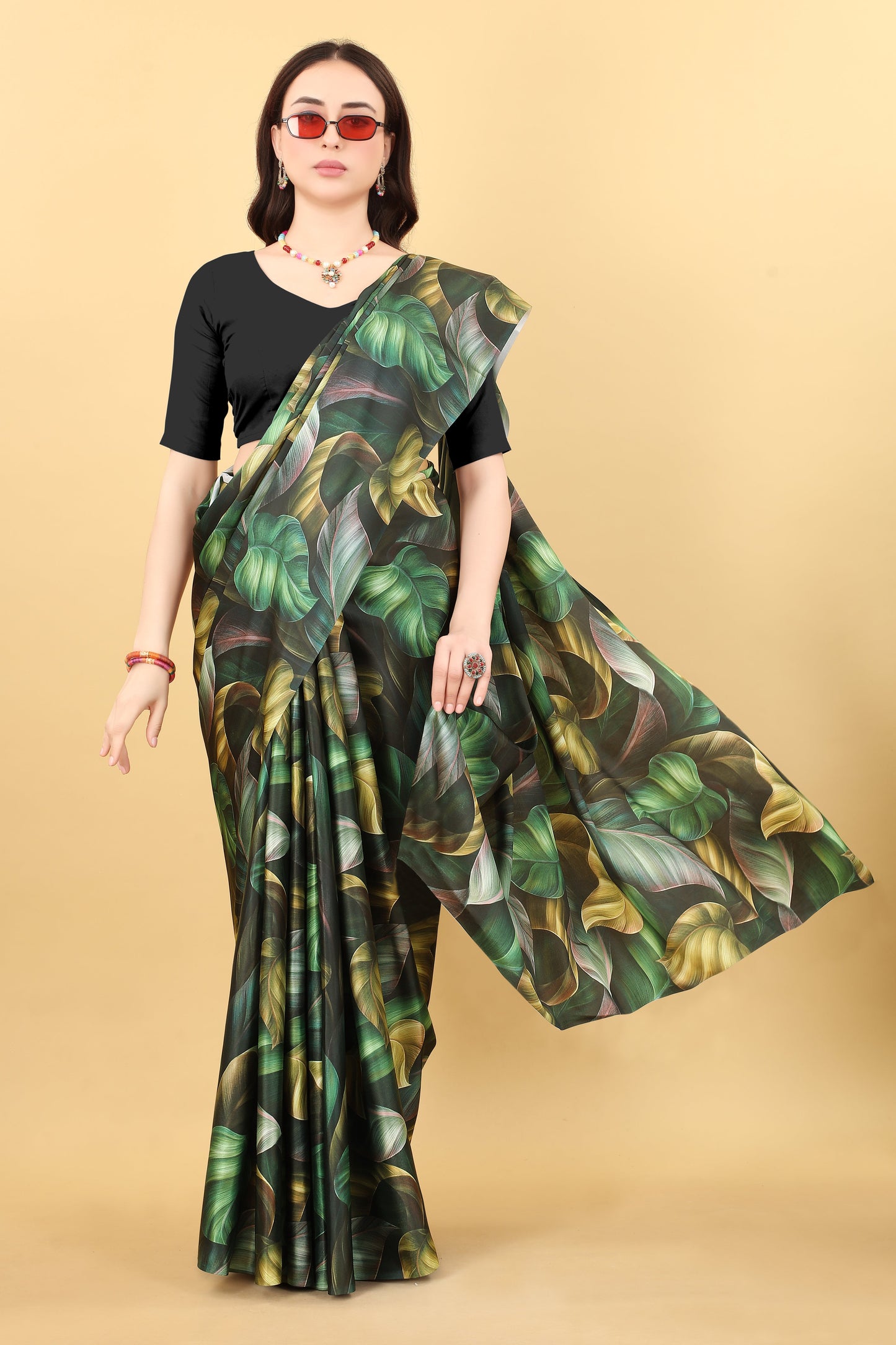 Digital Floral Black And Green Printed Satin Silk Saree