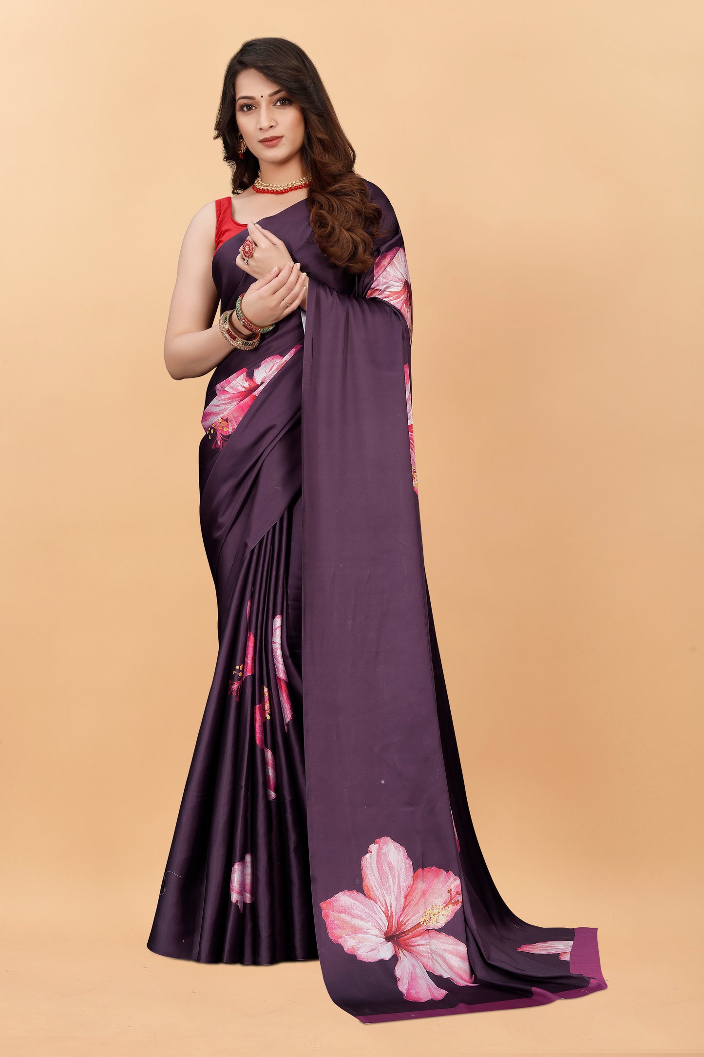 Wine Color  Flower  Printed Satin Silk Saree