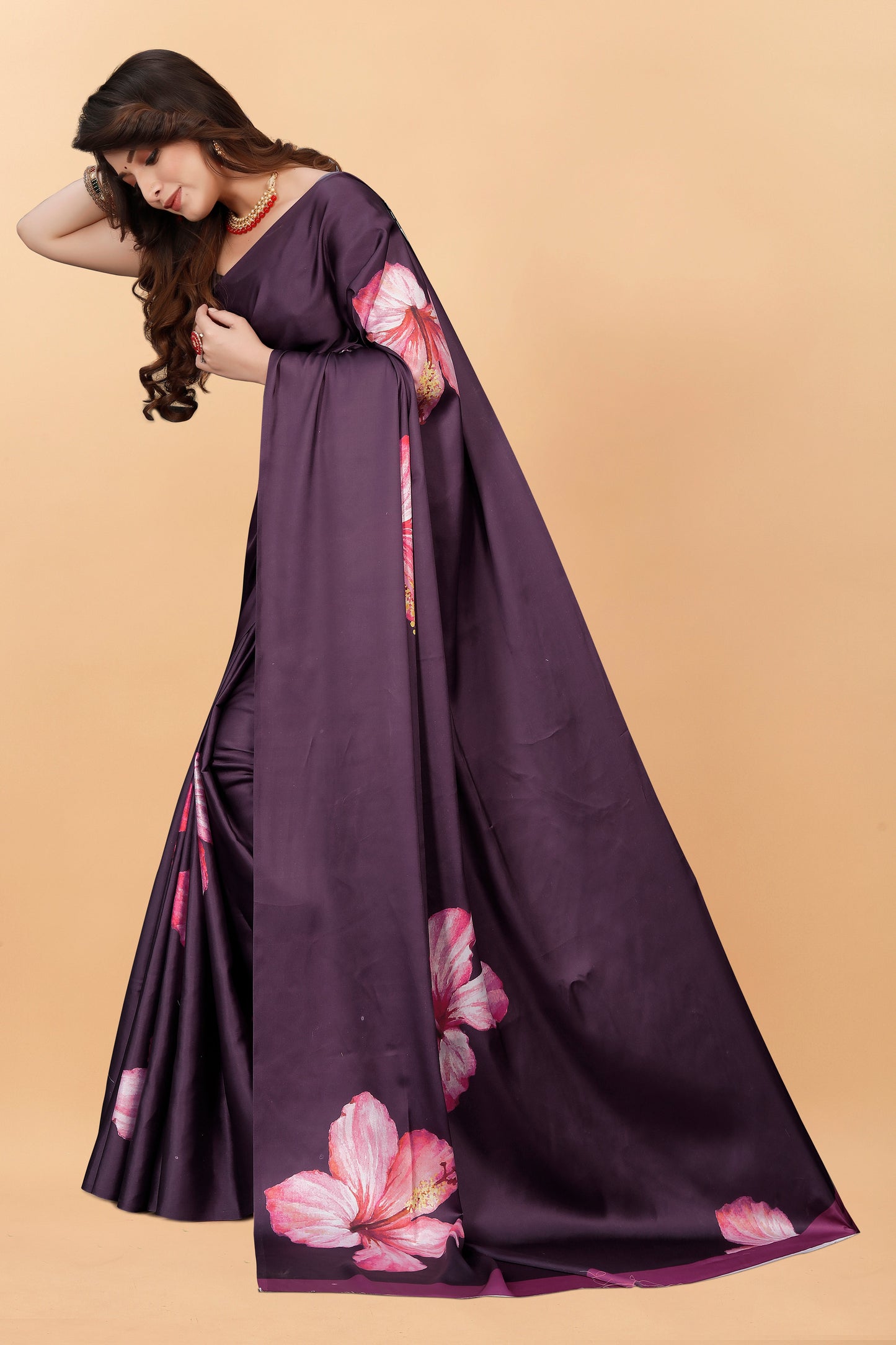 Wine Color  Flower  Printed Satin Silk Saree