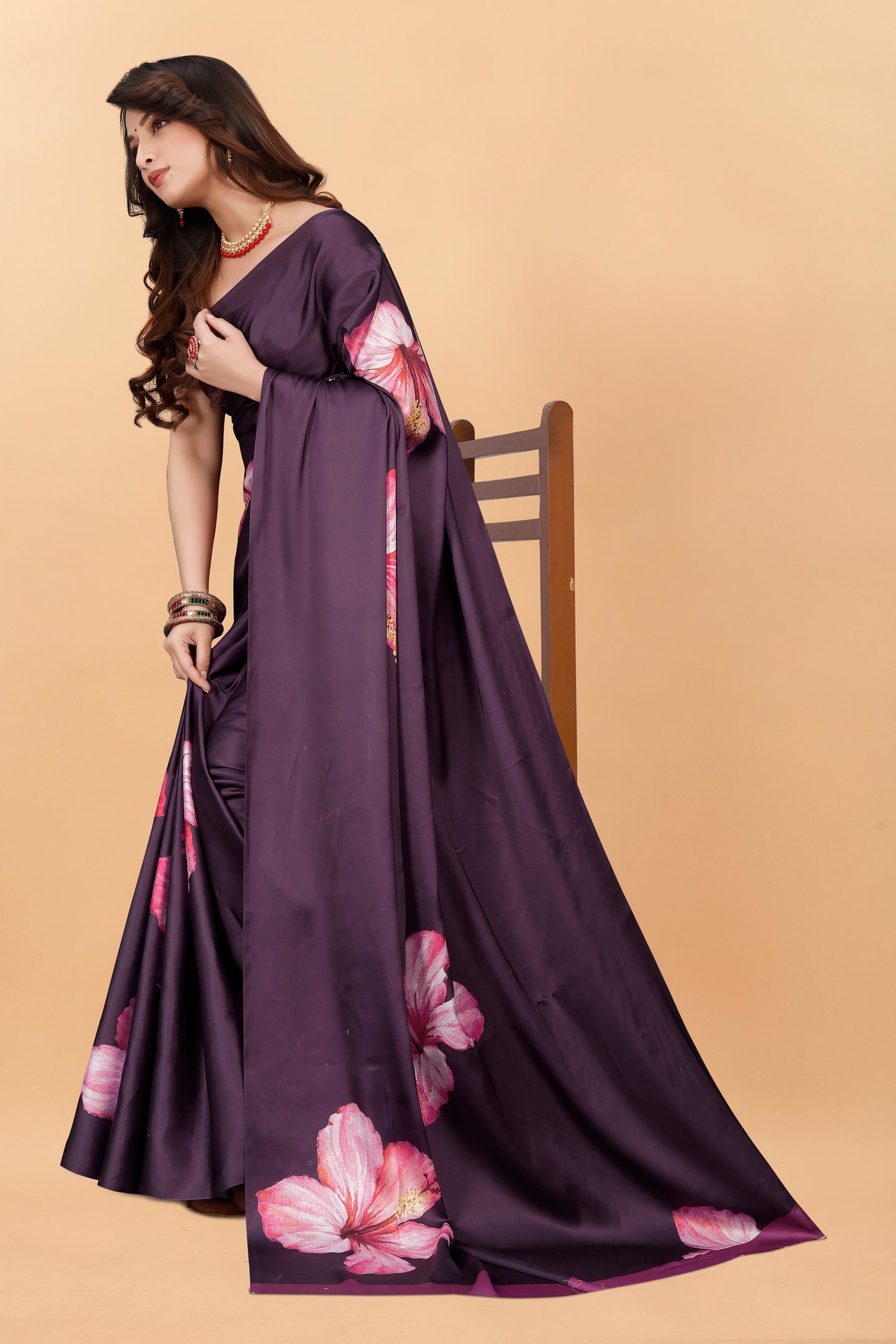 Wine Color  Flower  Printed Satin Silk Saree